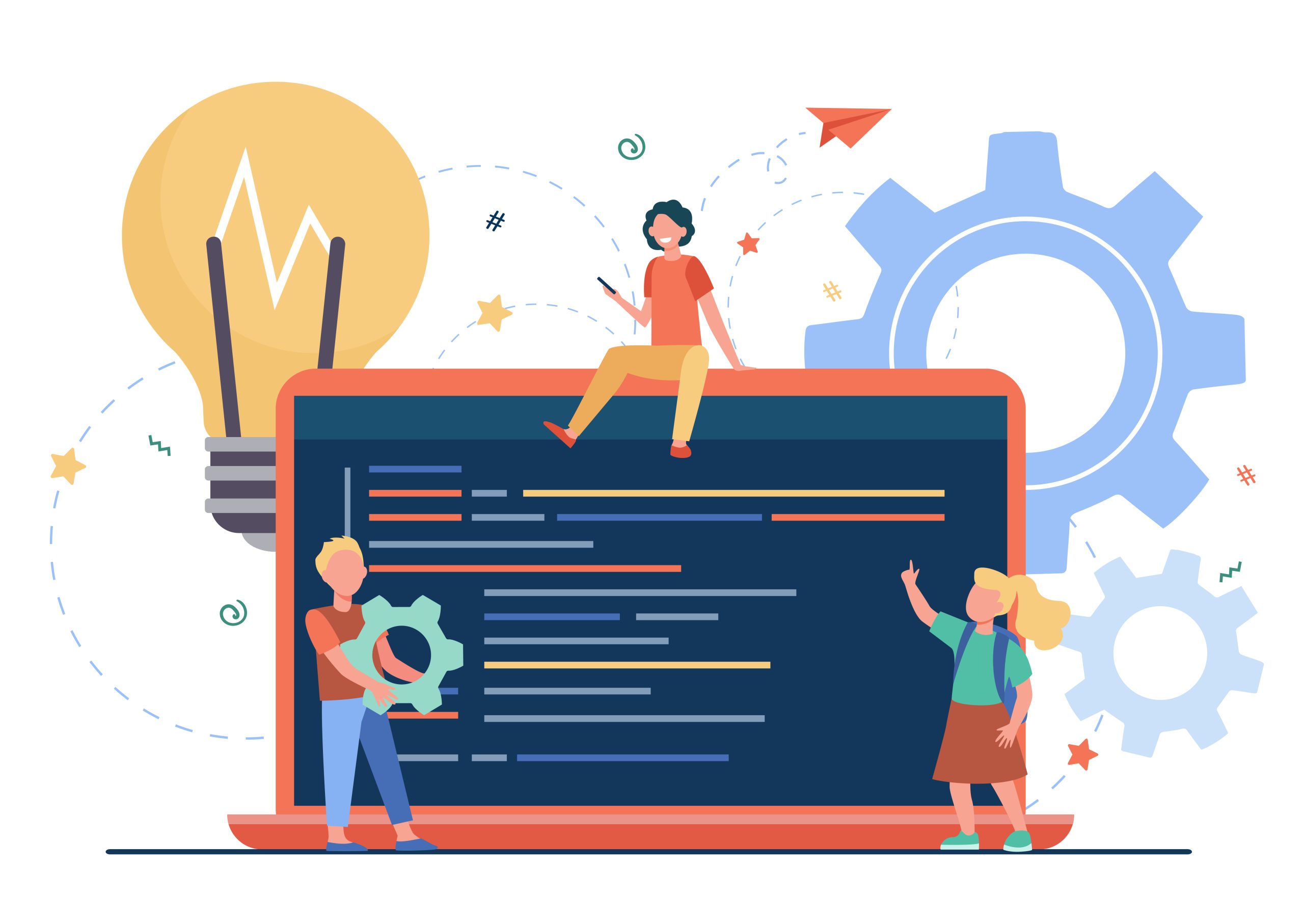 Tiny cute children learning coding. Laptop, bulb, program flat vector illustration. Programming or digital technology concept for banner, website design or landing web page